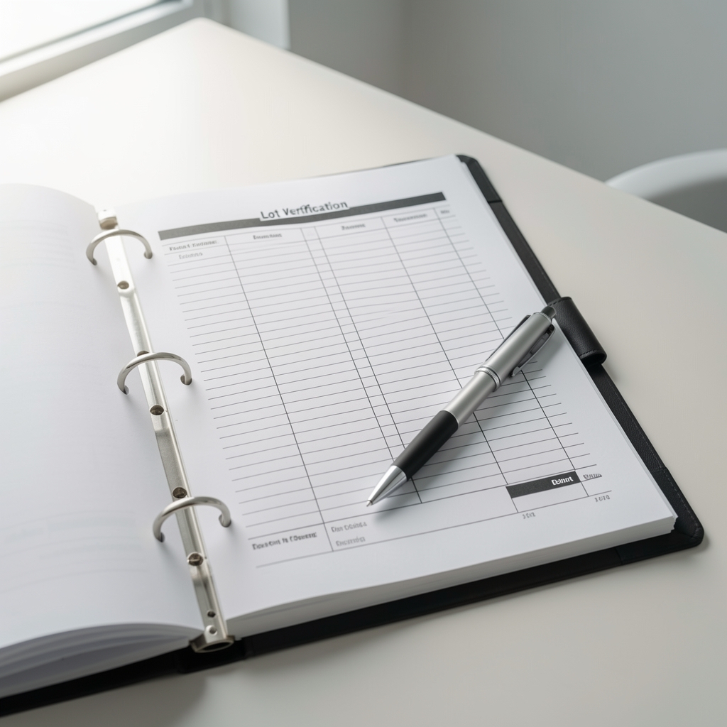 Batch record binder open to a lot verification page on a clean desk, pen resting across the page, natural light from the left